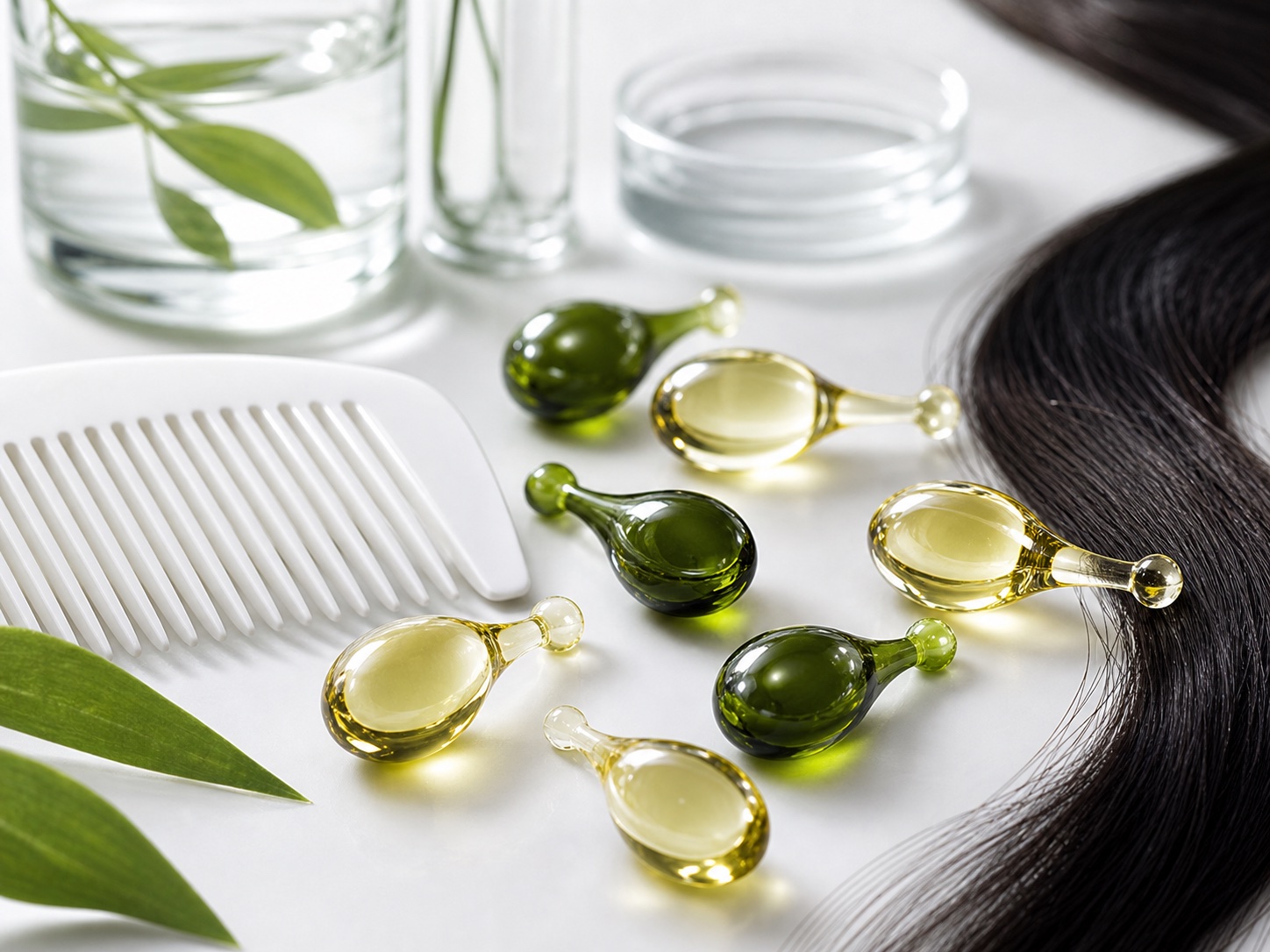 Green and amber hair oil capsules arranged with a comb and hair strand