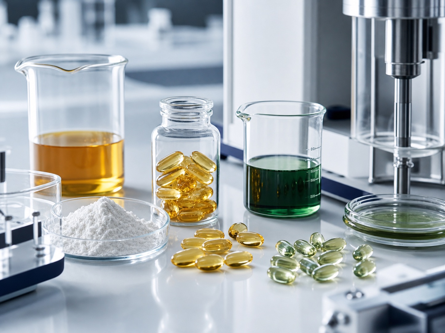Clean plant-starch softgel laboratory with capsules and oil ingredients