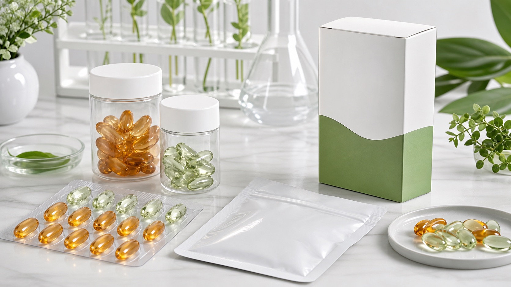 Softgel capsule sample jars, blister pack, pouch and retail box for OEM packaging options
