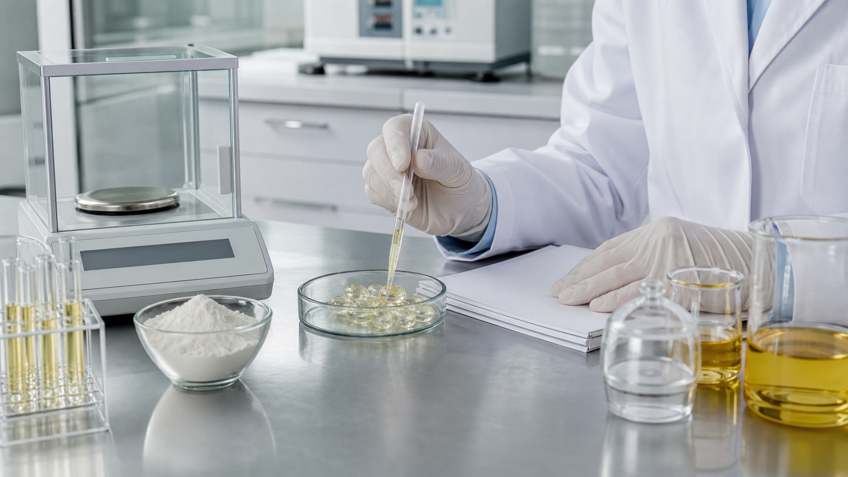Softgel capsules, starch powder, oil samples and laboratory quality control instruments