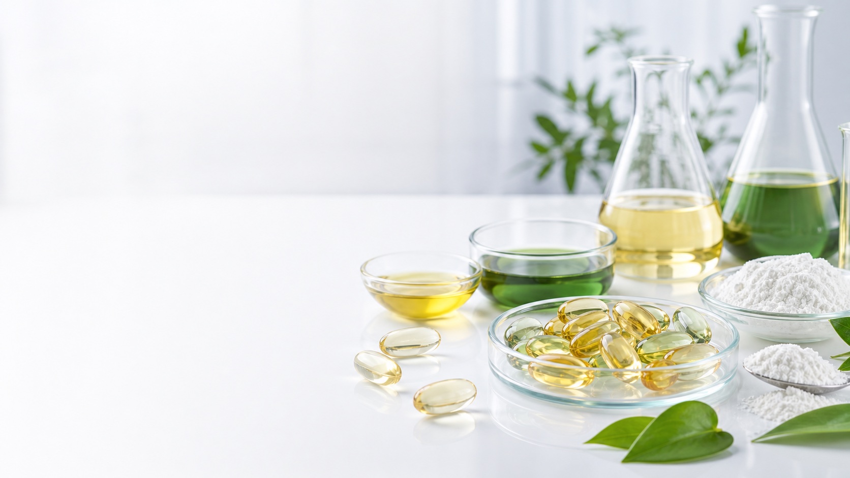 Oil-based supplement softgel capsules with plant oils and starch powder in a clean lab